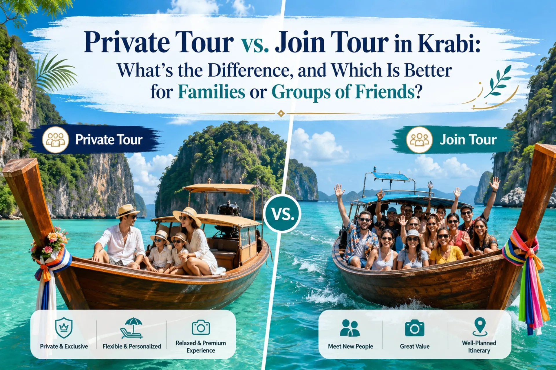When planning a trip to Krabi, especially an island-hopping or sea tour, you will usually have two main options: a Private Tour or a Join Tour.